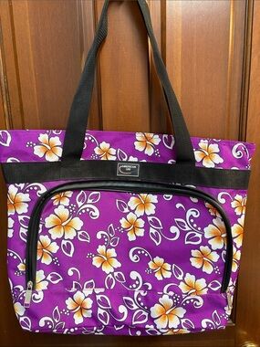 American Uni Purple Floral Tote Bag with Black Straps
